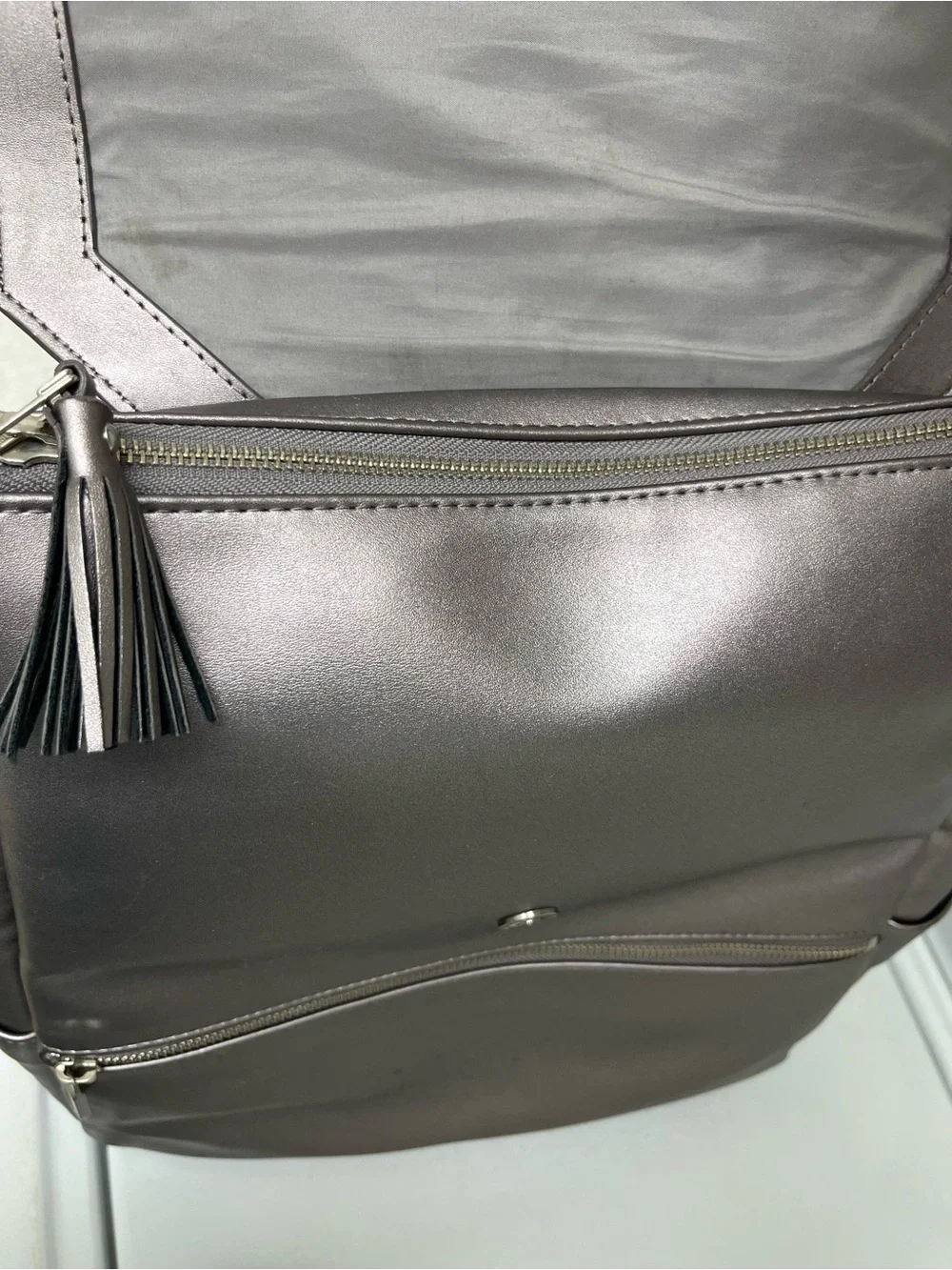 Freshly Picked Metallic Silver Solid Backpack Diaper Bag w/ Changing Pad, Straps